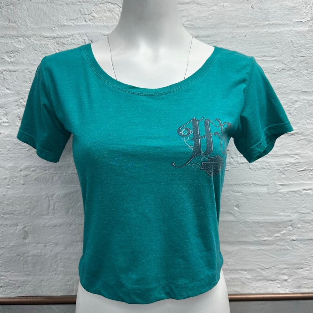 Reworked Harley Davidson Teal Cropped Baby Tee
